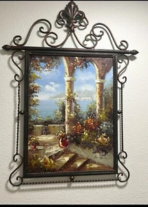 GARDEN &SEA Oil Painting Canvas Wrought Iron Signed #079652 - Picture 1 of 11