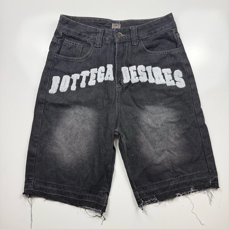 Pantalones cortos de mezclilla negros Bottega Desires para hombre talla S dobladillo crudo desgastados ropa de calle Foto 1 de 4