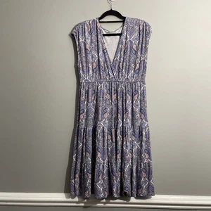 New York & Company Paisley Print Tiered Dress Women’s L Flowy Stretch Boho - Picture 1 of 11