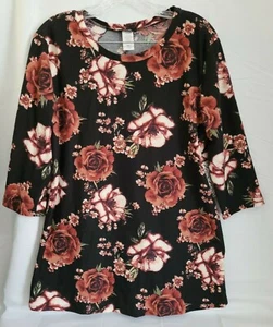 Minette Women's Floral Rose Top Blouse Black 1X - Picture 1 of 7