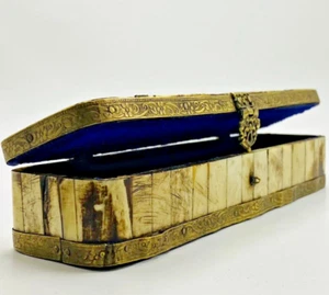 Antike handgefertigte indische B0ne3? Schatulle mit Messingkanten F 70er Jahre Aufbewahrung Schmuckkästchen - Bild 1 von 12