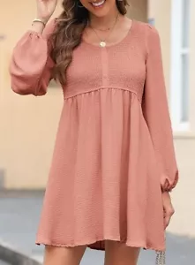 Women's Casual Dress Smocked Crewneck Button Up Long Sleeve A-Line Mini Dress - Picture 1 of 11