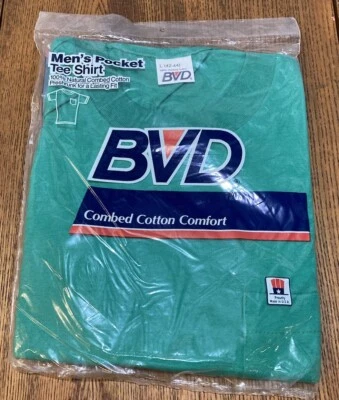 Vintage 1980’s BVD Mens Pocket Tee T-Shirt Green Preshrunk Cotton Sz Large - Image 1 of 3