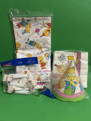 SIMPSONS BIRTHDAY TABLECLOTH PARTY HATS VTG 1990 54 X 96 NEW LOT FAVORS NAPKINS - Image 1 of 4