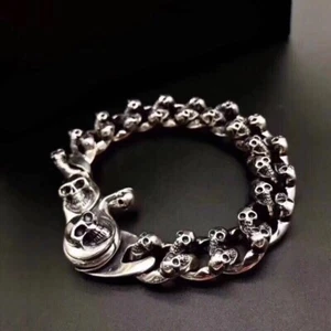 Mens hallmarked heavy solid sterling silver skull bracelet - Picture 1 of 8
