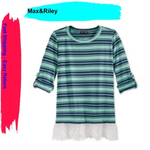 Max & Riley Girls' Layered-Look Roll-Tab Striped Top Color Mint / Navy Size L - Picture 1 of 1
