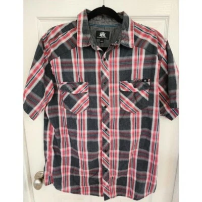 Rock & Republic Men's Size Large Red Black Plaid Button Down Short Sleeve Shirt - Image 1 of 4