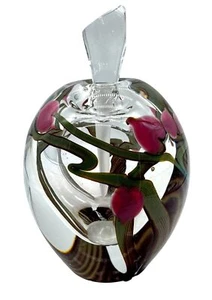 Zellique Handcrafted Glass Perfume Bottle Pink Floral Design & Clear Stopper 4"H - Picture 1 of 7