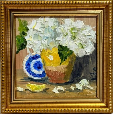 Hortensia Floral Arte Original Impasto Pintura al Óleo Flor Bodegón Enmarcado 5x5" Foto 1 de 4