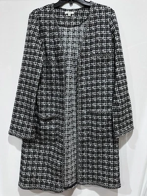 Chaqueta Max Studio Mujer Mediana Negra Blanca Tweed Frontal Abierto Bolsillos Longline Foto 1 de 4