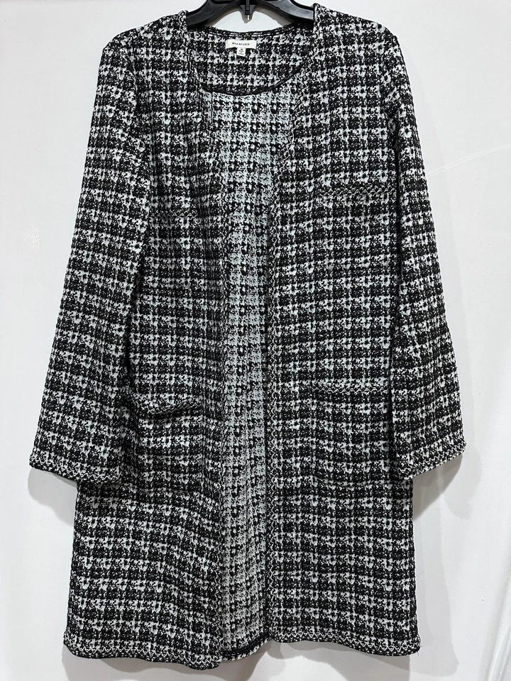 Chaqueta Max Studio Mujer Mediana Negra Blanca Tweed Frontal Abierto Bolsillos Longline Foto 1 de 4