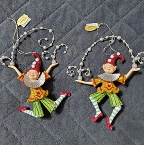 2 Vintage Katherine's Collection Elf Jester Ornament Xmas Mary Engelbreit(?) - Bild 1 von 8