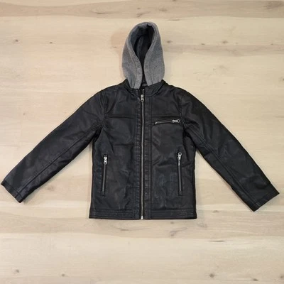 Full Zip faux leather Biker Black jacket with Hoodie roebuck size S (8) Pockets  - Image 1 of 4