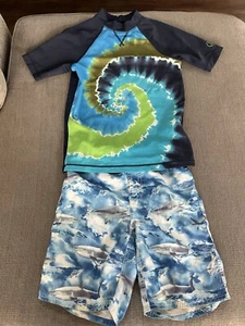 2 Piece Swim Set Old Navy Trunks Shorts & Lands End Rash Guard Short Sleeve 8 - Picture 1 of 5
