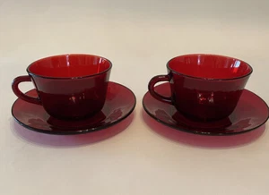 2 Vintage Anchor Hocking Royal Ruby Red Glass Tea Coffee Cup & Saucer Sets 8oz - Picture 1 of 12