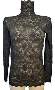 Pierre Mantoux Designer Turtleneck Long Sleeve Top In L Black Lace Transparent - Picture 1 of 3