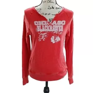 NHL Chicago Blackhawks Sweatshirt Red Glitter V Neck Youth Girls Size XL 14/16 - Picture 1 of 6