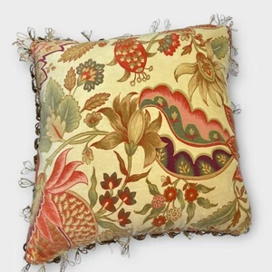 Pier 1 Imports Velvet Two Sided Pillow Down Filled Cream Red Floral Print Fringe - Picture 1 of 8