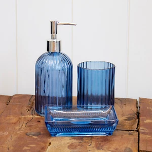 Blue Glass 3 Piece Bathroom Accessory Set Sink Ribbed Lotion Dispenser Tumbler - Picture 1 of 5