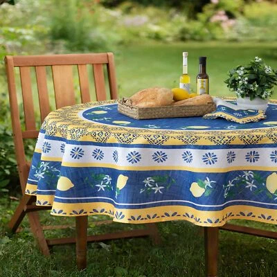 Oval Fabric Tablecloth 60 x 84 Inch Blue Lemon Garden Indoor Outdoor Stain an... - Image 1 of 4