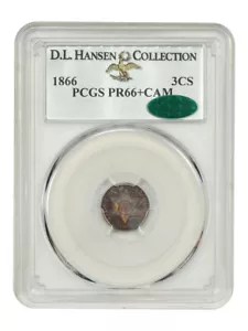 1866 3CS PCGS/CAC PR66+CAM ex: D.L. Hansen - Three Cent Silver - Picture 1 of 6