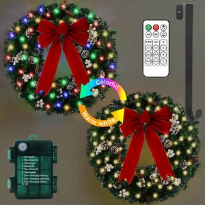 24" Waterproof Battery Operated Christmas Wreath with 50 Lights & Timer & Remote - Picture 1 of 7