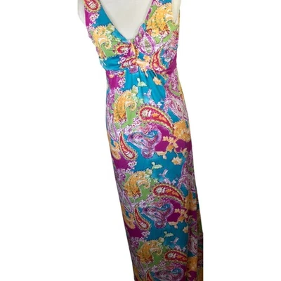 Nuevo con etiquetas Vestido Jaclyn Smith S Azul Verde Rosa Imperio Elastizado Sol Maxi Boho Paisley Foto 1 de 4