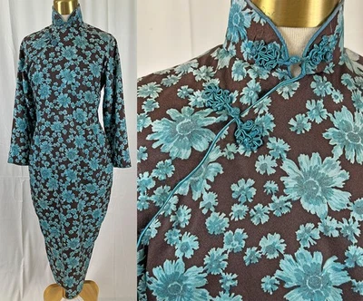 Vintage Chinese Cheongsam Black Silk Teal Blue Floral Print Winter Qipao Dress - Image 1 of 3