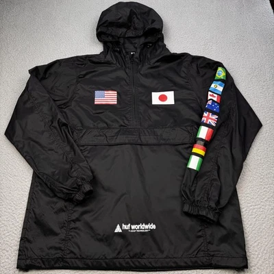 HUF Worldwide Pullover Jacket Mens Medium Nylon Flag Patch Windbreaker Hooded - Image 1 of 4