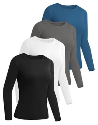  4件装女式长袖基本衬衫修身小号黑色/蓝色/白色/灰色 — 第 1/4 张图片