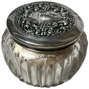 Antique Crystal Dresser Vanity Jar Sterling Silver Art Nouveau Lid Powder Puff  - Picture 1 of 12
