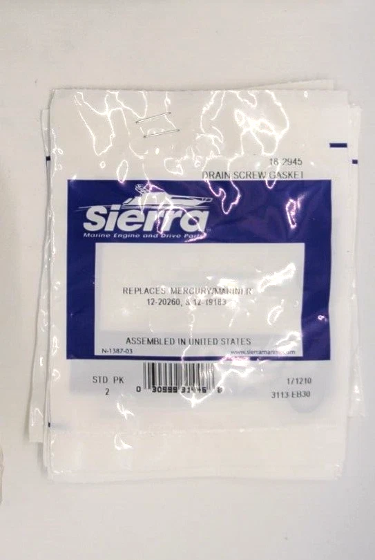 2 PCs Mercury Sierra 2 Drain Gaskets 18-2945 19183 20260 Outboard Boat Motor B5 - Image 1 of 1