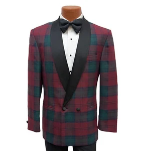 Perry Ellis America 52R Men’s Double Breasted Plaid Tuxedo Jacket Black Lapels - Picture 1 of 4