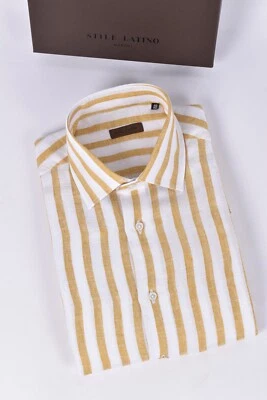 STILE LATINO handmade shirt $740 40 (US 15 3/4) linen white yellow regular fit - Image 1 of 3