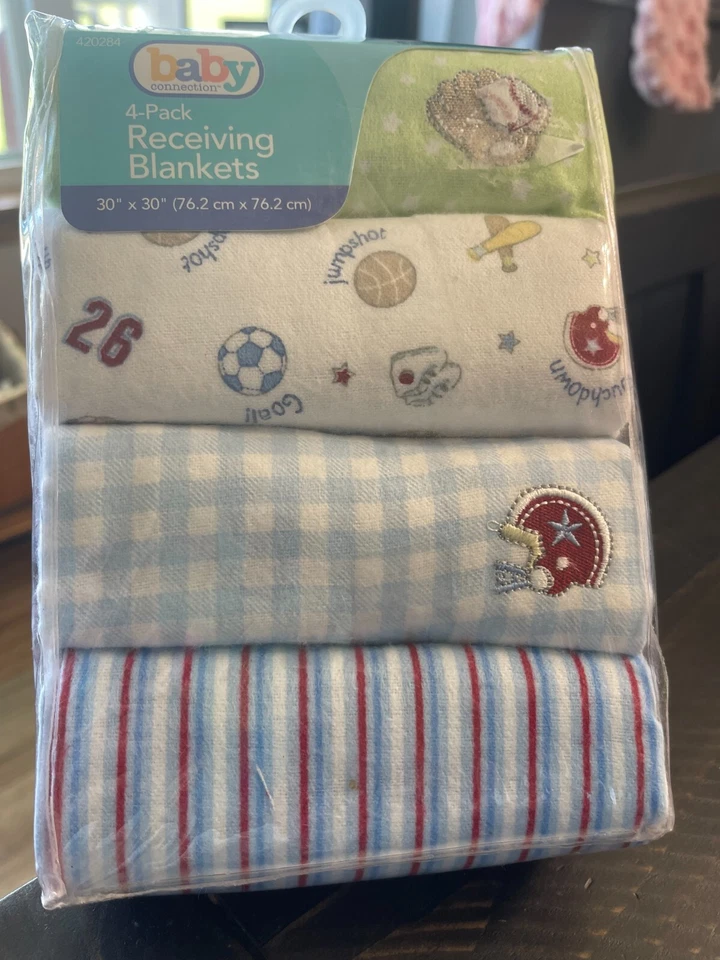 4 Pack Baby Connection Flannel Cotton Receiving Blankets Boy New in Packaging - Изображение 1 из 2