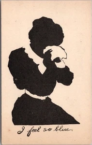 Vintage 1910s SILHOUETTE ART / Pretty Lady Postcard "I Feel So Blue" Unused - Picture 1 of 2