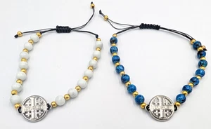 Jerusalem Cross Blue/White Beads Adujstable Bracelet, Holy Land, You Pick - Picture 1 of 4