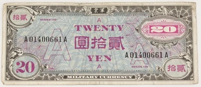 1946 (ND) JAPAN Pick# 72 20 Yen Underprint A Allied Military Currency AMC VF - Image 1 of 2