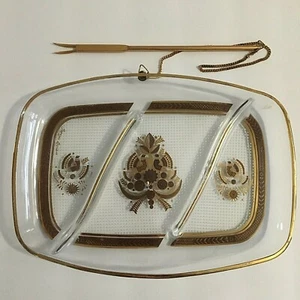 MCM Georges Briard Gold Birds Divided Appetizer Dish with Attached Fork - Picture 1 of 7