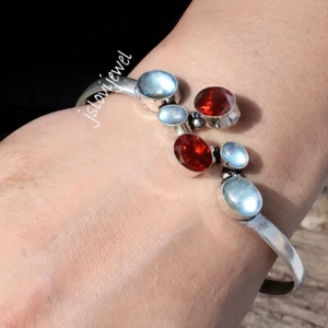 Labradorit & facettierter Granat Edelstein 925 Sterling Silber Manschette Mod... - Bild 1 von 5