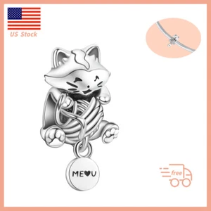 Women Authentic S925 Kitten with a Ball of Yarn Dangle Charm Bracelet Necklace - Picture 1 of 5