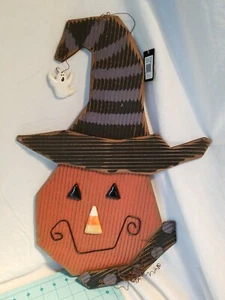 Creative Co-Op - Wood & Porcelain Pumpkin in a Witches Hat - Halloween Wall Deco - Picture 1 of 12
