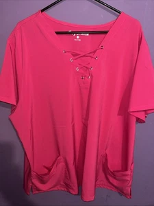 Easy Stretch Hot Pink Scrub Top Shirt Lace Up Neck 5 Pocket Womens Size 3X - Picture 1 of 7