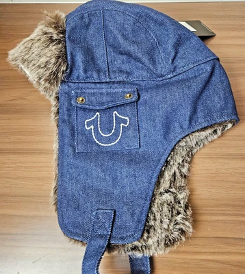 True Religion Invierno Trampero Sombrero Piel Azul Oscuro Gorra Herradura Bolsillos Cálido NUEVO Foto 1 de 4