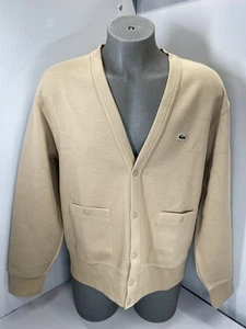 Lacoste Mens Cardigan Sweater Beige Size XL Relaxed Fit Pique Topstitch Detail - Picture 1 of 8