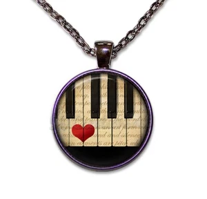 Piano Player Music Musicians Red Heart - Handmade ROUND Glass Pendant Necklace - Picture 1 of 10