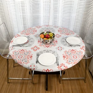 Round Vinyl Tablecloth Fitted Elastic Flannel Back Table Cover 60" and 48" PEVA - Picture 1 of 7