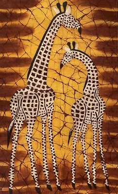 African Batik Cloth Giraffe Tapestry Wall Hanging Mother Baby Safari 18.5”x36.5” - Image 1 of 3