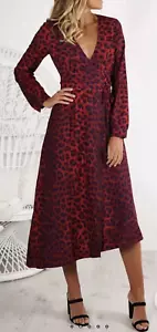 Mossman “Strike Again” Red Blue Leopard Print Assymetrical Wrap Dress AU Sz 10 - Picture 1 of 13
