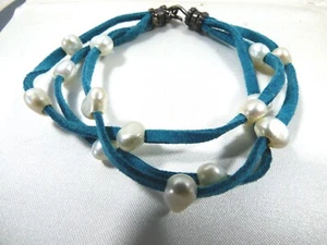 Pulsera con cierre de gancho de plata esterlina blanco perla genuino cuero turquesa - Imagen 1 de 5